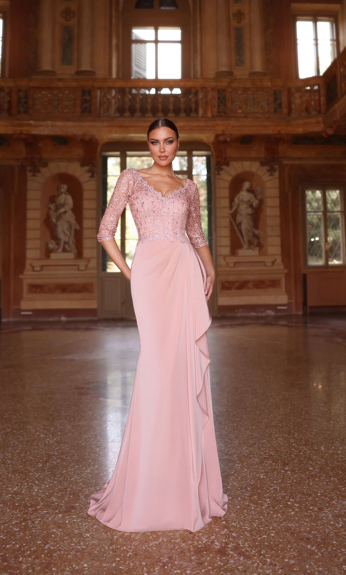 Formal Dress: 27242. Long, V-Neck, Straight, V Shaped Back