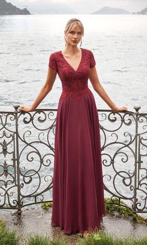 Formal Dress: 27389. Long, V-Neck, Flowy, Enclosed Back