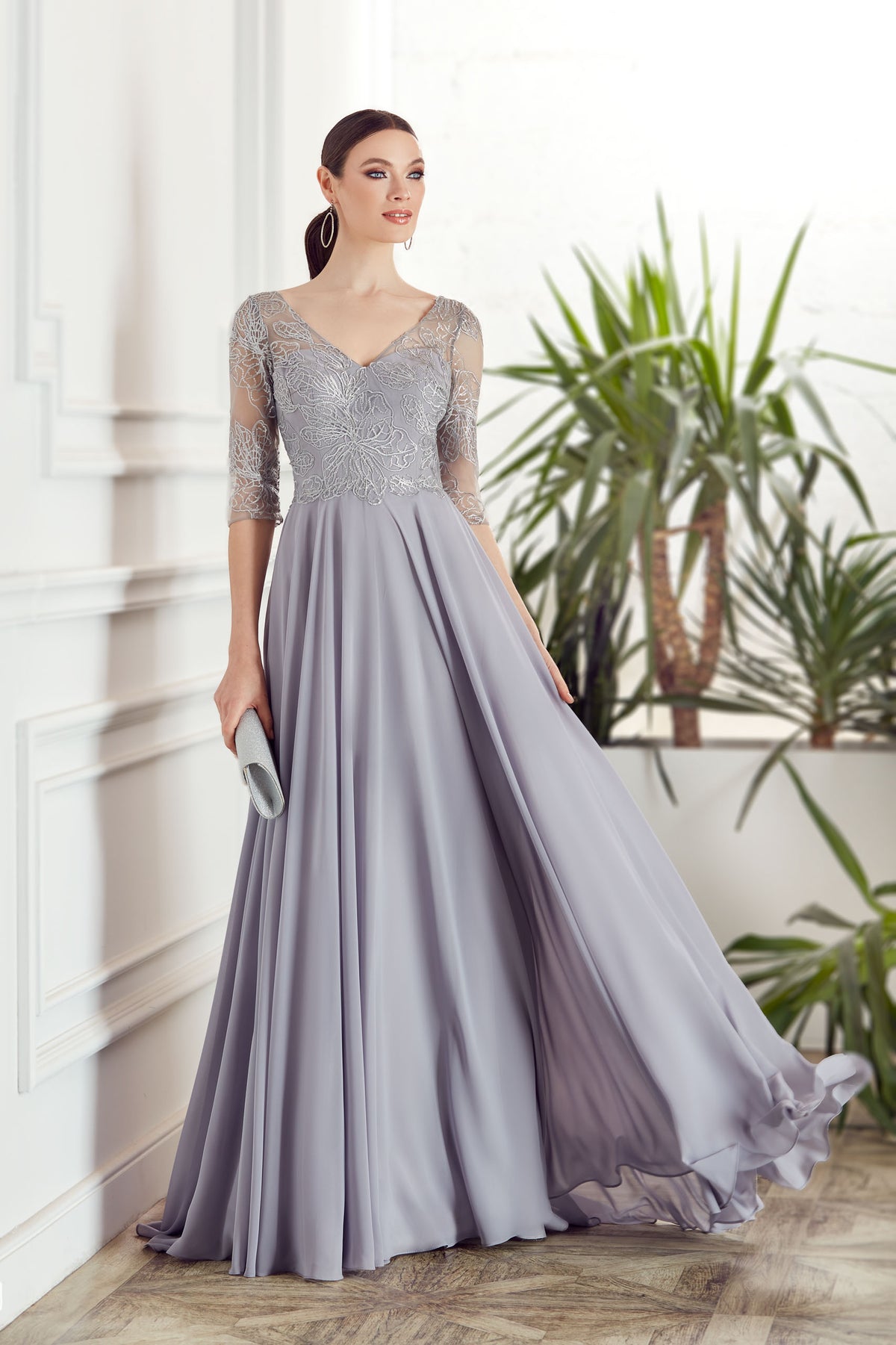 Formal Dress: 27475. Long Chiffon Dress, Illusion Neckline, Flowy