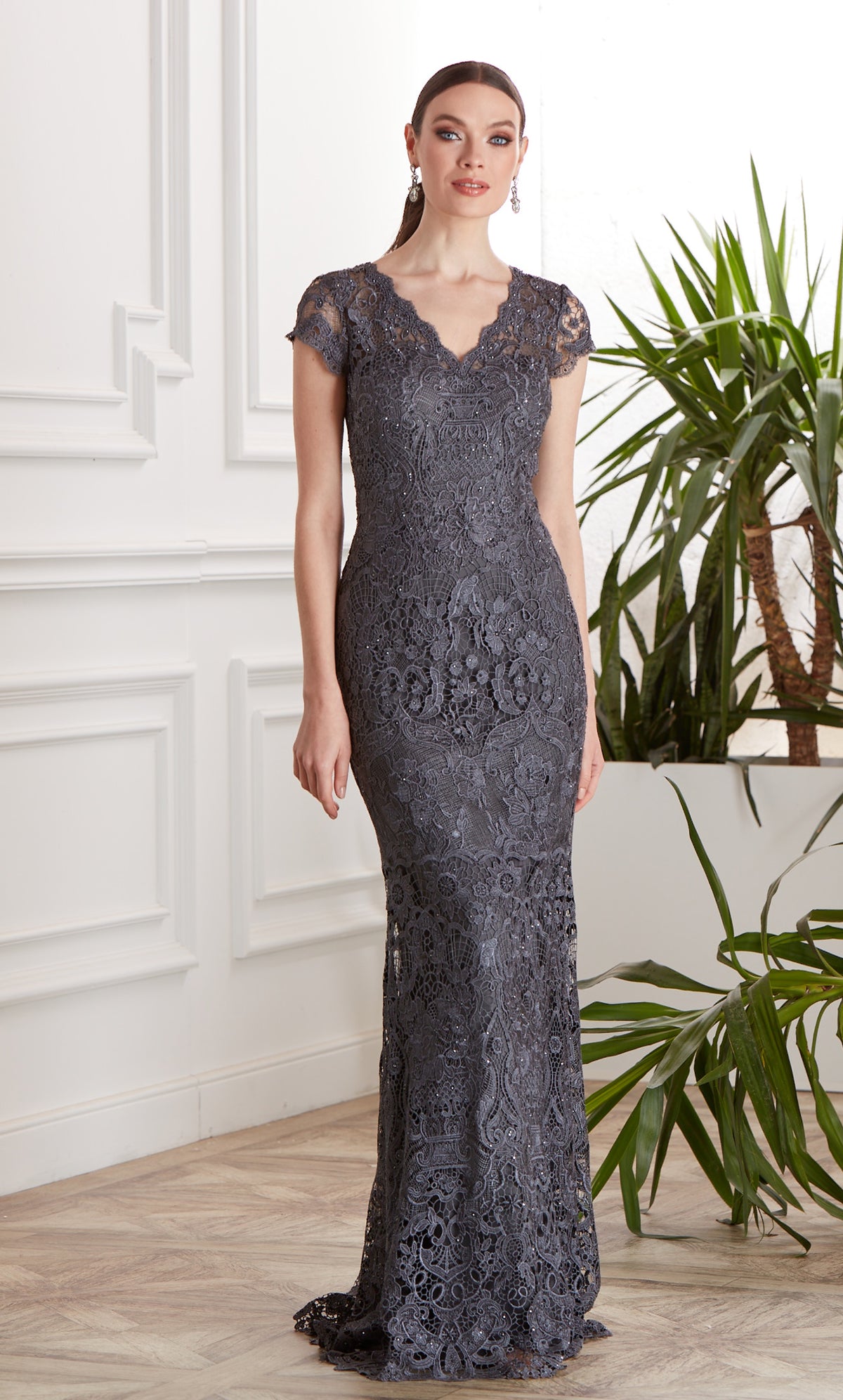 Formal Dress: 27478. Long Lace Dress, V-neck, Straight