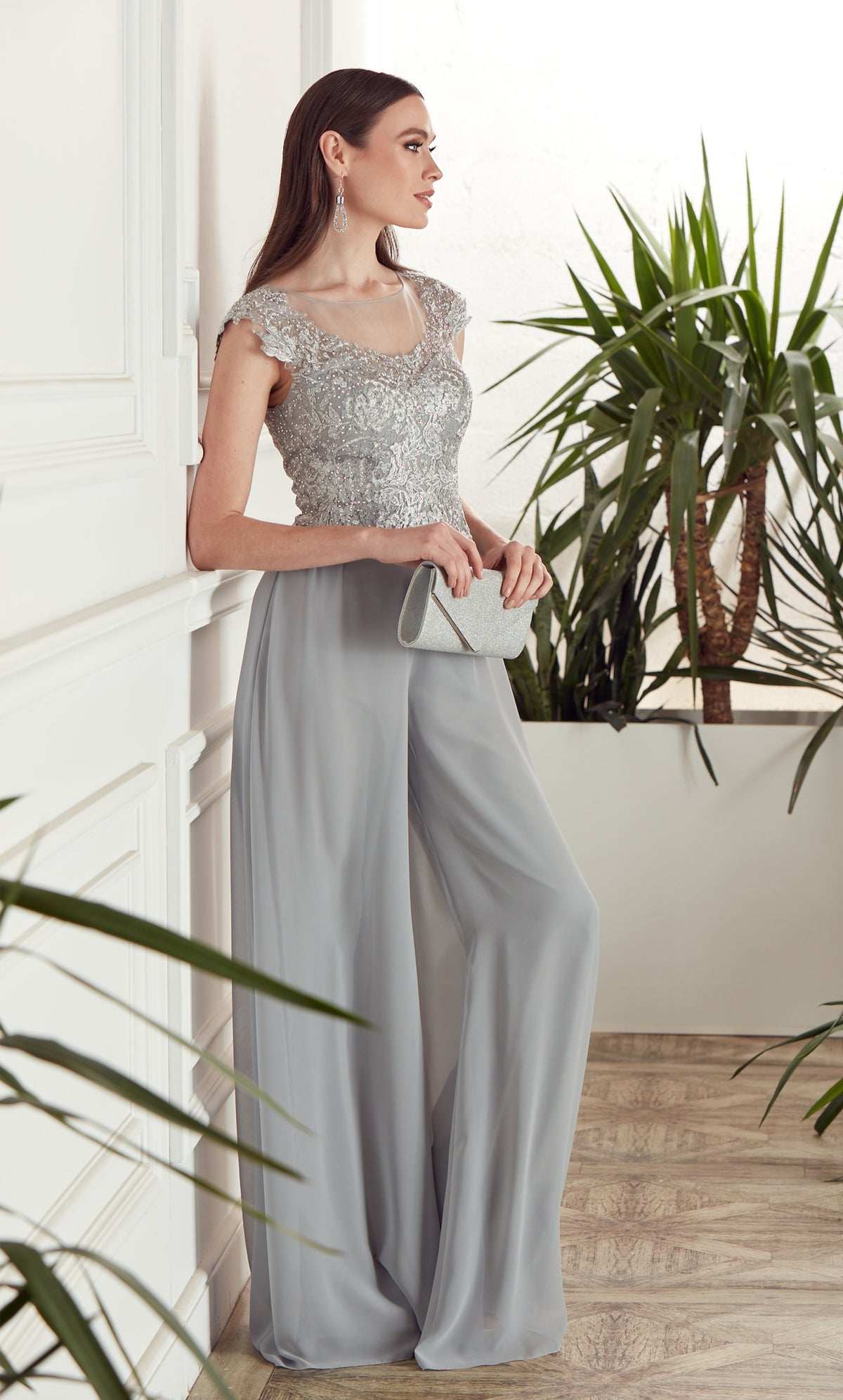 Formal Dress: 27488. Long Formal Playsuit, Illusion Neckline, Jumpsuit