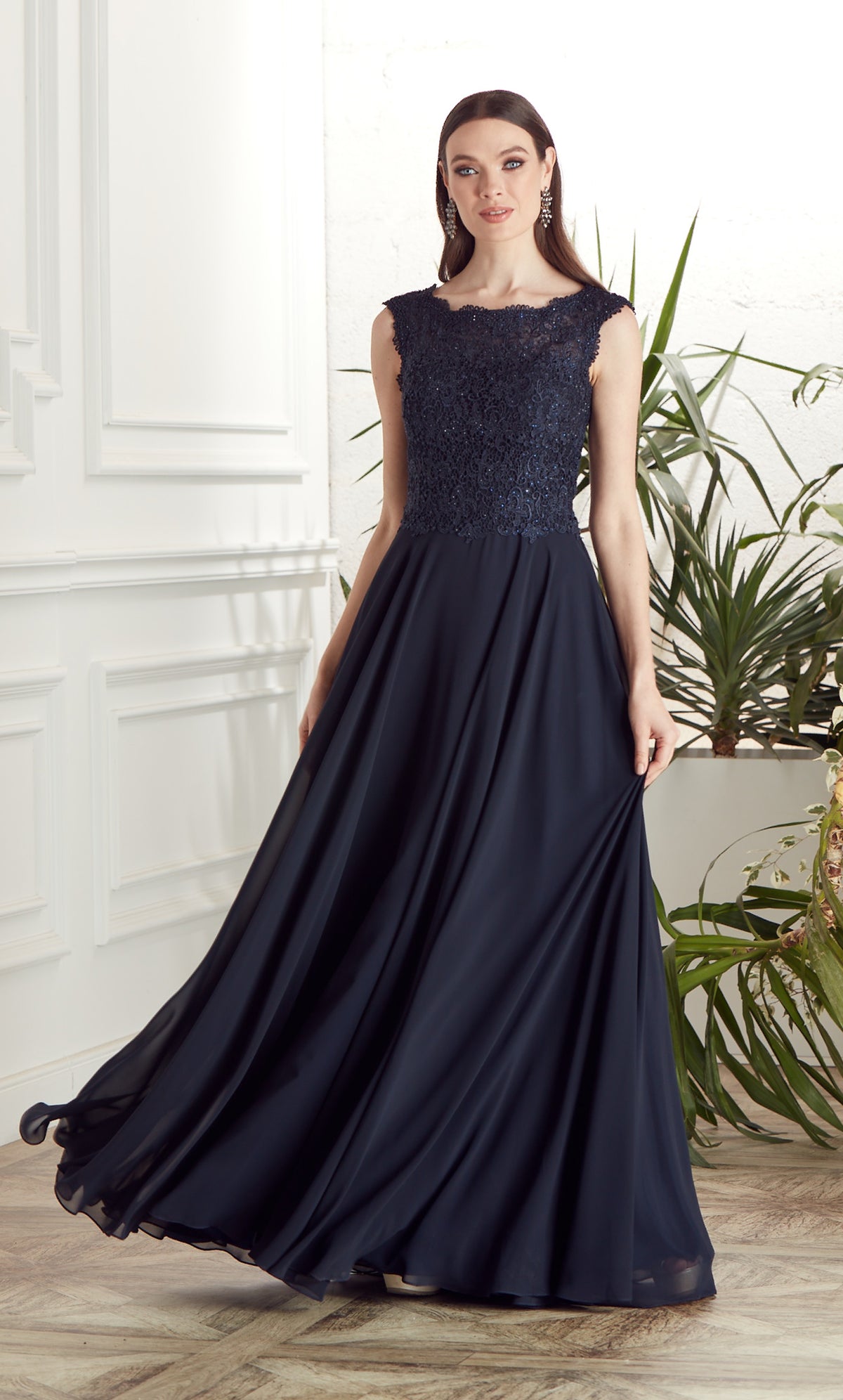 Formal Dress: 27504. Long Formal Dress, Illusion Neckline, Flowy