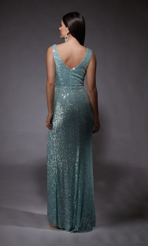 Formal Dress: 27653. Long, V-neck, Straight, V Shaped Back