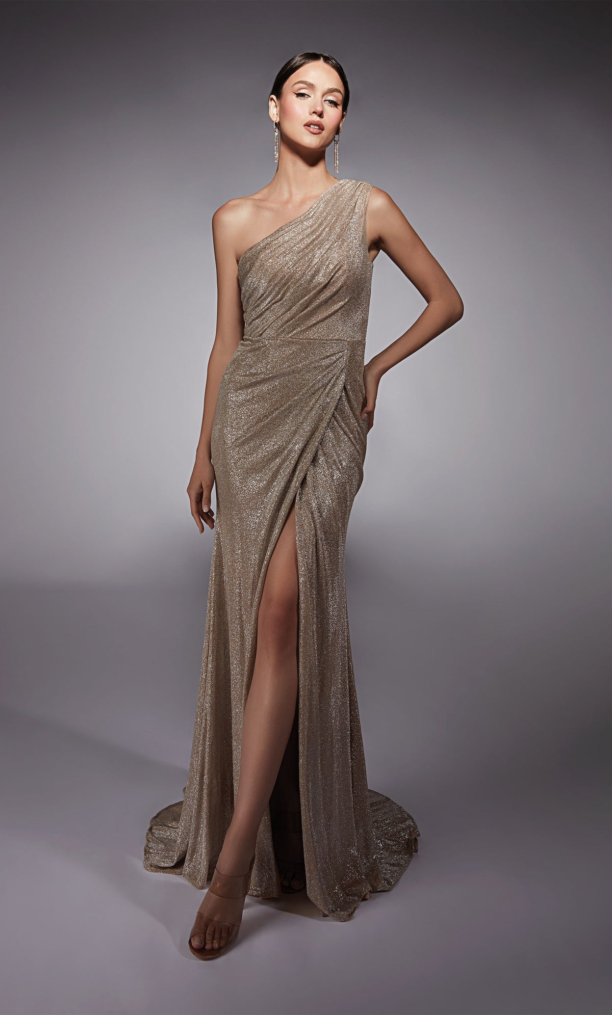 Formal Dress: 27763. Long, One Shoulder, Straight, Closed Back