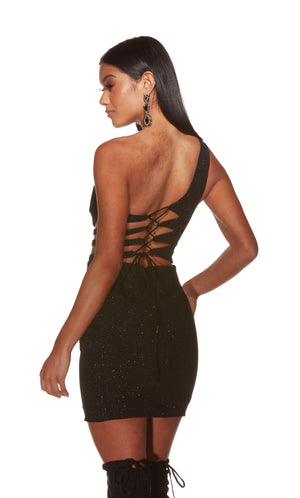 Formal Dress: 4821. Short, One Shoulder, Straight, Lace-up Back