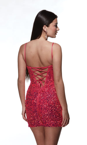 Formal Dress: 4912. Short, V-neck, Straight, Lace-up Back