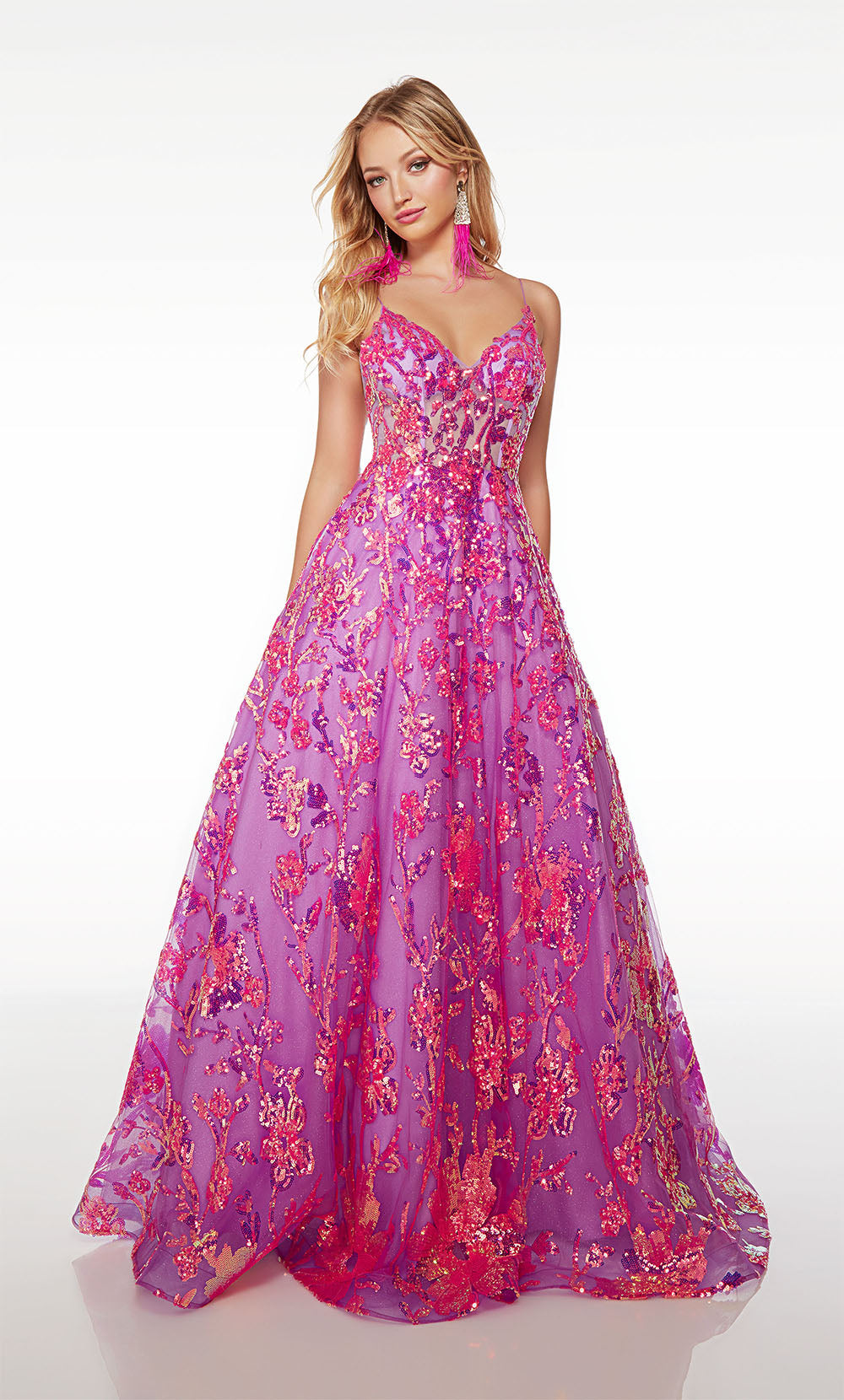 ALYCE Paris 61516 Alyce Long V-neckline Sequined Flowers Througho  Dress