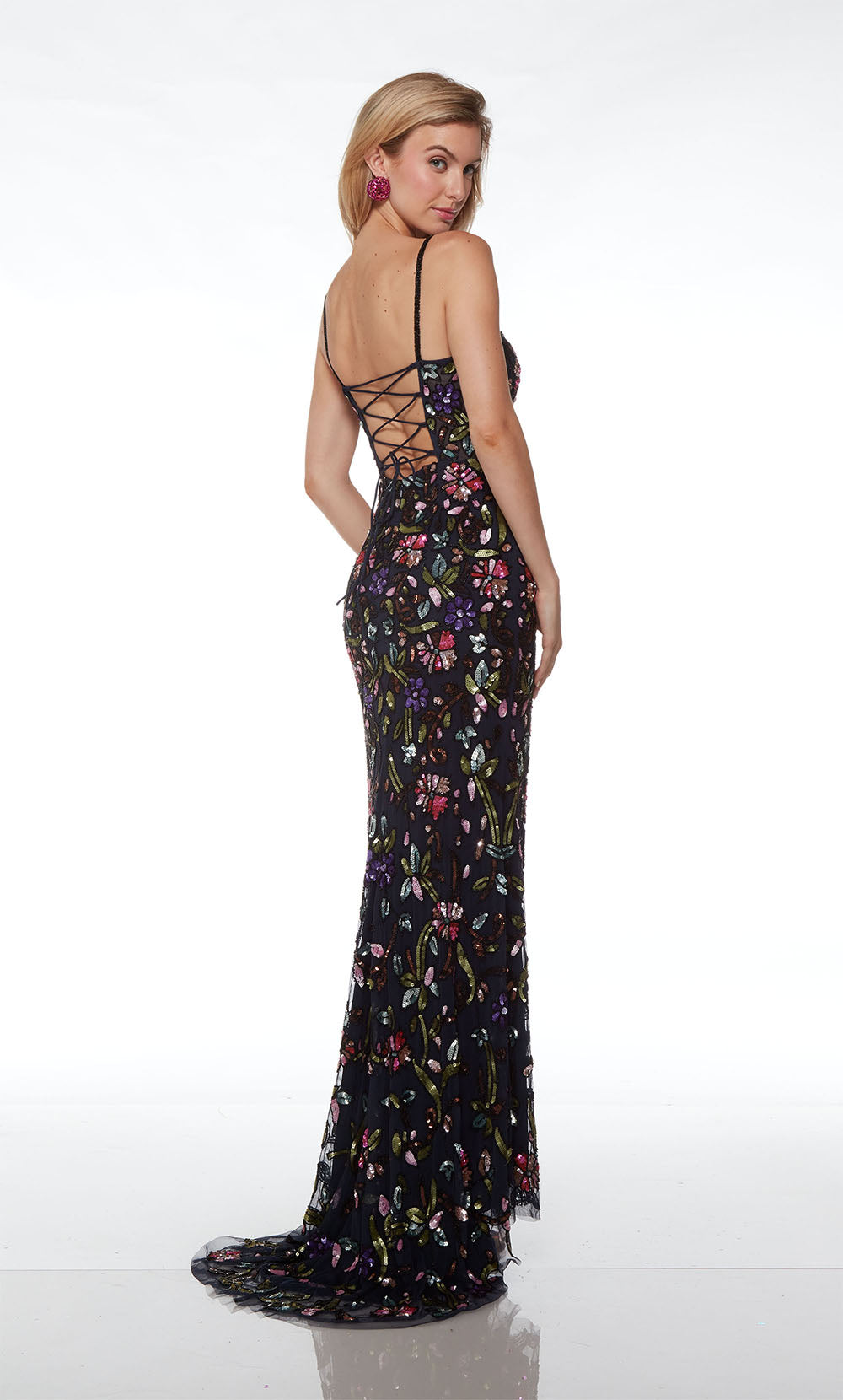 ALYCE Paris 61687 Alyce Long Plunging Neckline Front Slit, Floral Patter  Dress