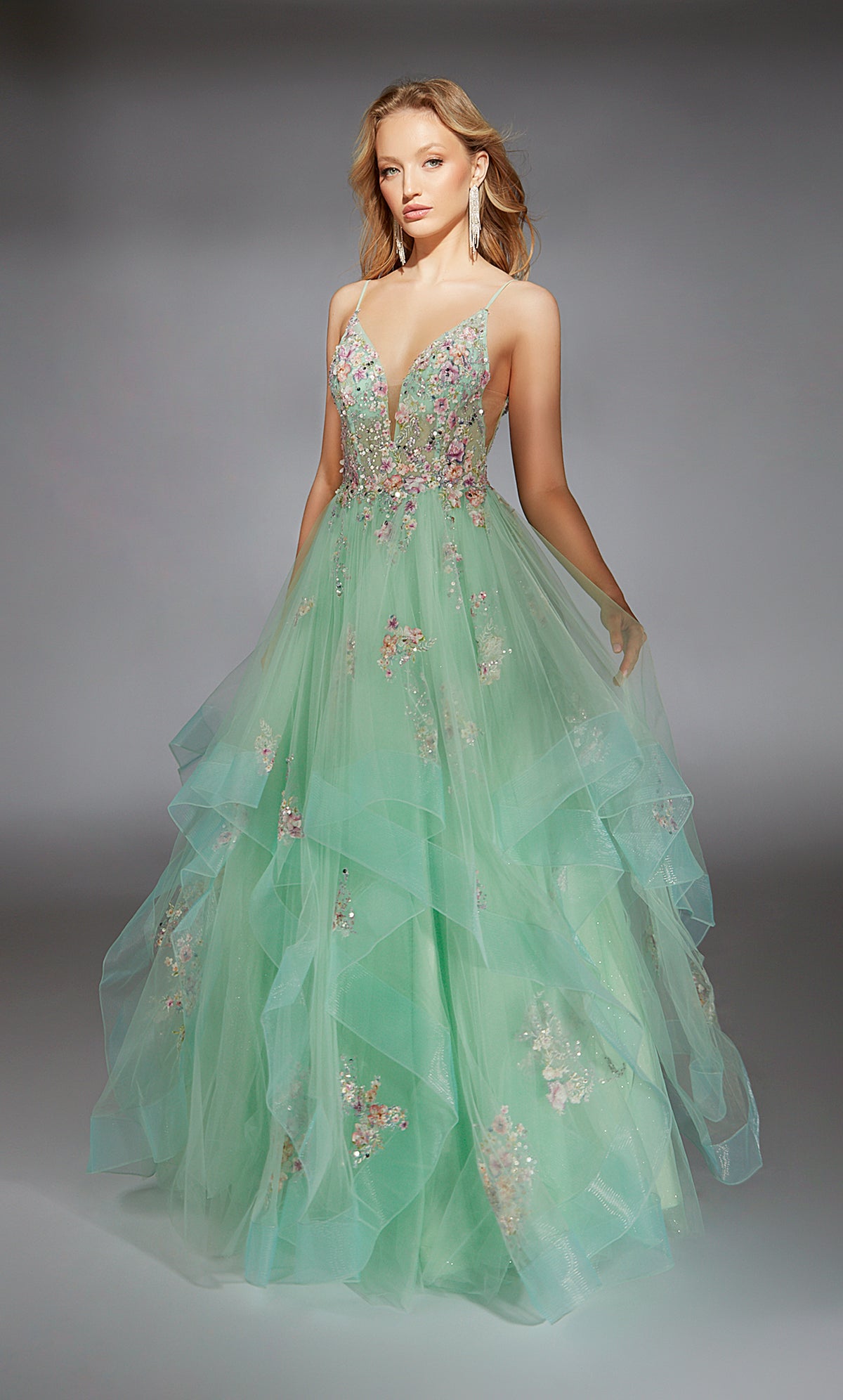 Formal Dress: 61735. Long, Plunging Neckline, Ballgown, V Shaped Back