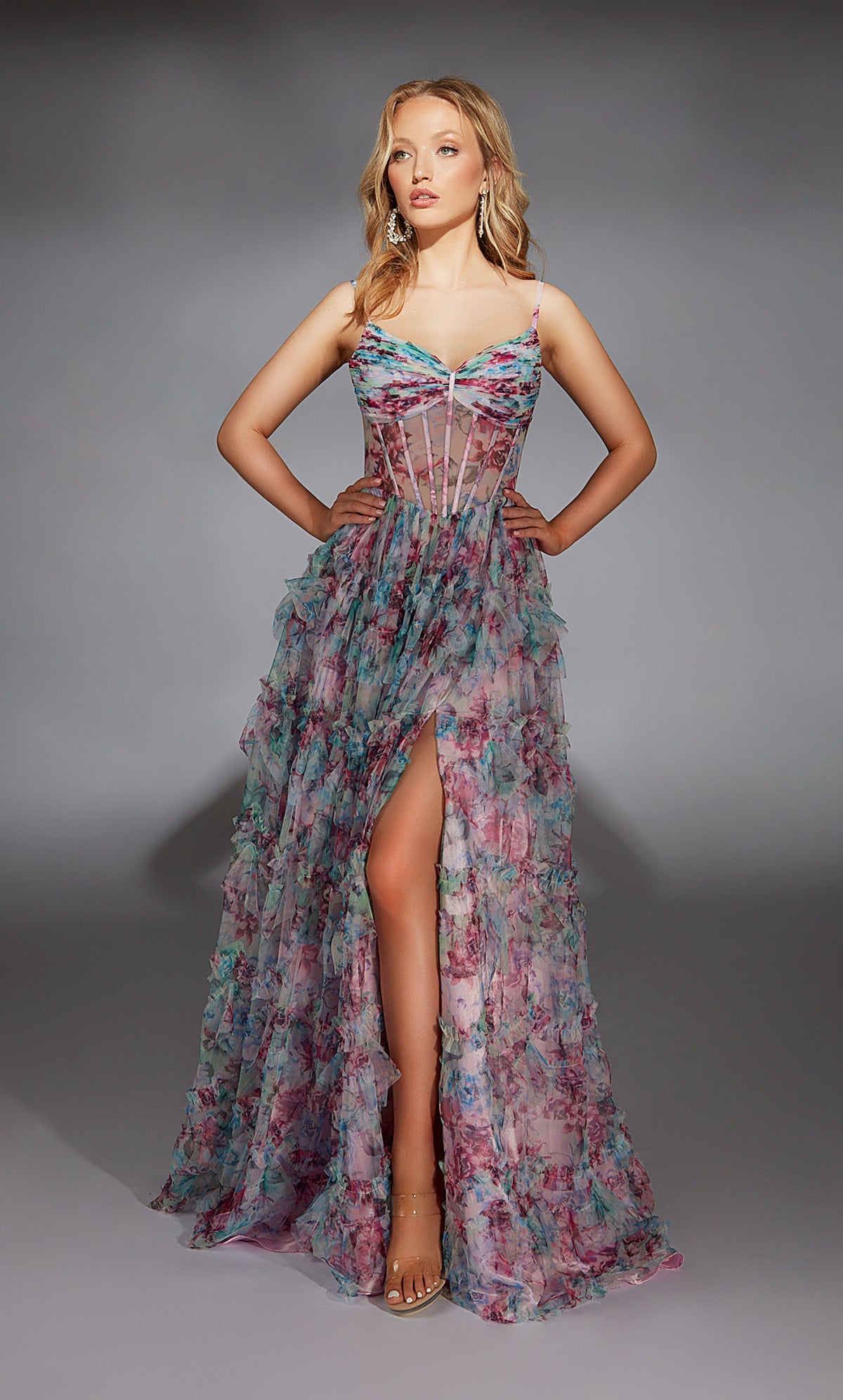 Formal Dress: 61748. Long, V-neck, A Line, Lace-up Back