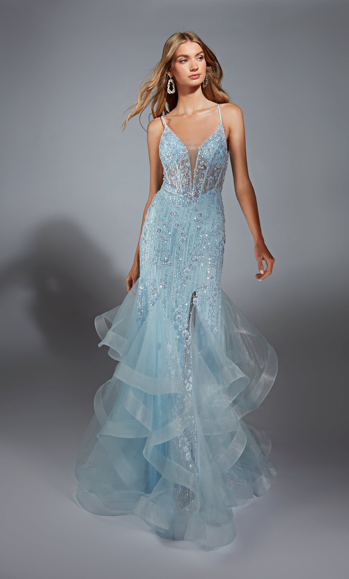 Formal Dress: 61749. Long, Plunging Neckline, Mermaid, Lace-up Back