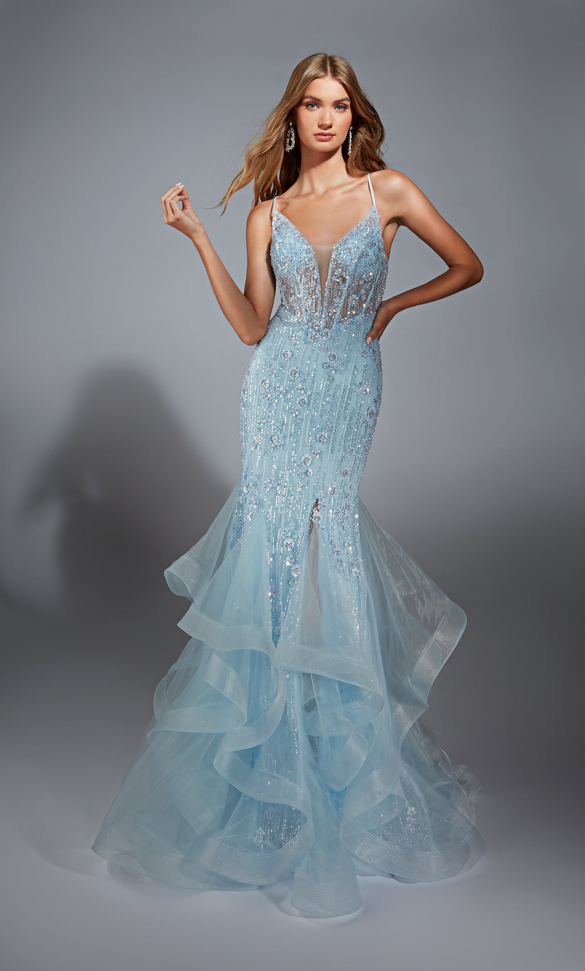 Formal Dress: 61749. Long, Plunging Neckline, Mermaid, Lace-up Back