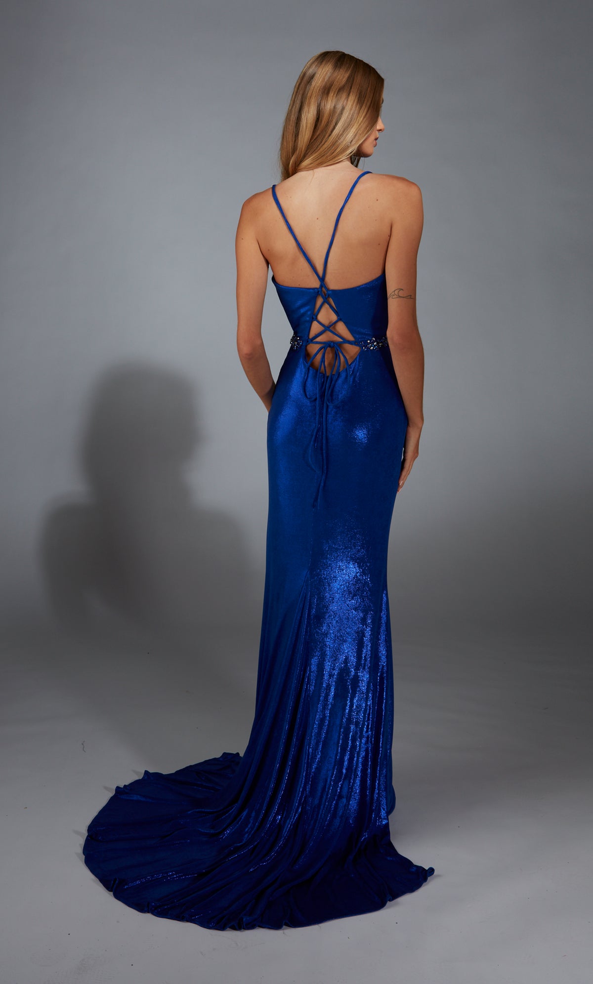 Formal Dress: 61785. Long, Plunging Neckline, Straight, Lace-up Back