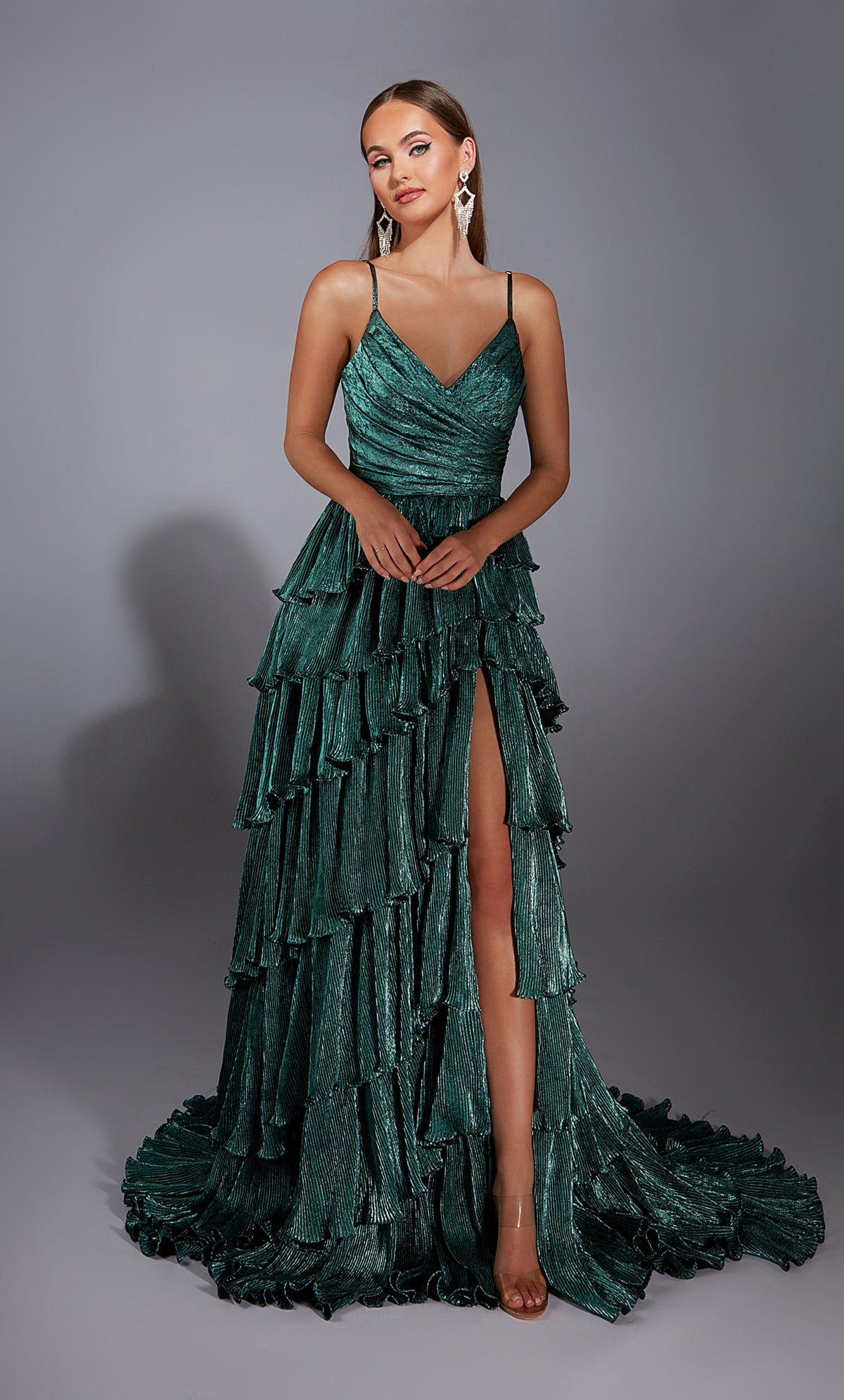 Formal Dress: 61803. Long, V-neck, A Line, V Shaped Back