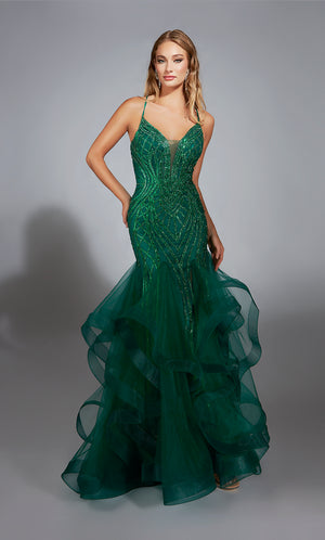 Formal Dress: 61818. Long, Plunging Neckline, Mermaid, Lace-up Back