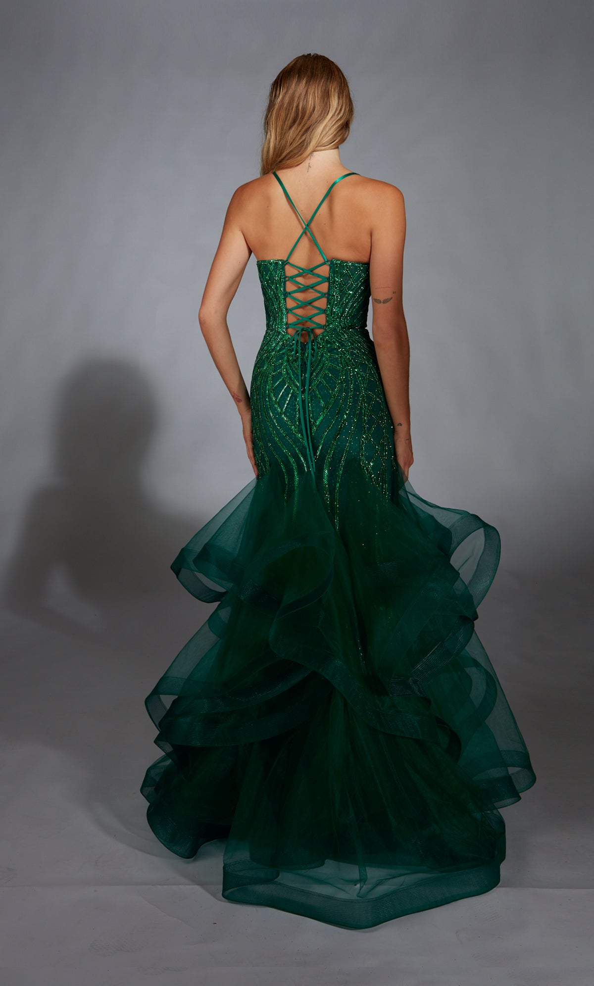 Formal Dress: 61818. Long, Plunging Neckline, Mermaid, Lace-up Back