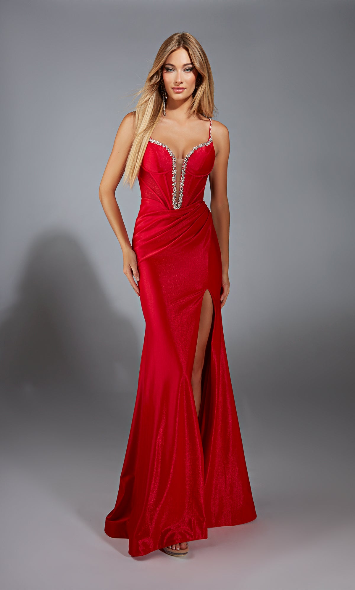 Formal Dress: 61830. Long, Plunging Neckline, Fit N Flare, Lace-up Back