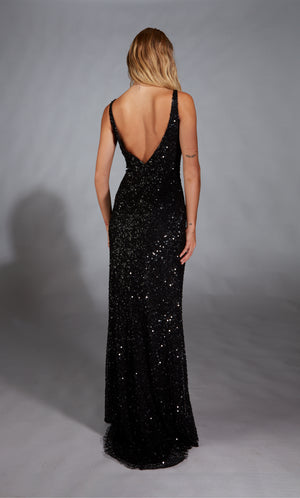 Formal Dress: 61841. Long, V-neck, Straight, V Shaped Back