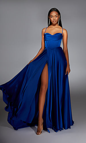 Formal Dress: 61883. Long, Cowl Neck, Flowy, Lace-up Back