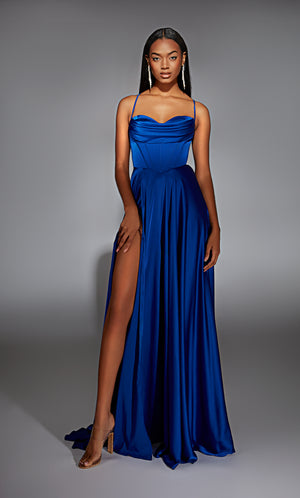 Formal Dress: 61883. Long, Cowl Neck, Flowy, Lace-up Back