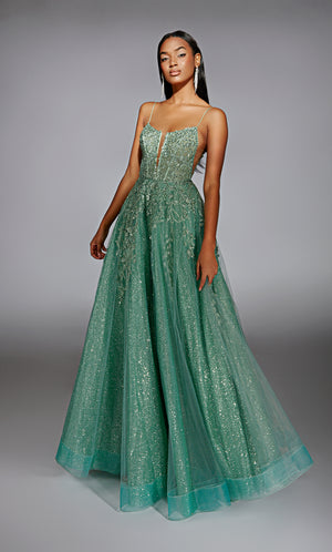 Formal Dress: 61915. Long, Plunging Neckline, Medium Fullness, Lace-up Back