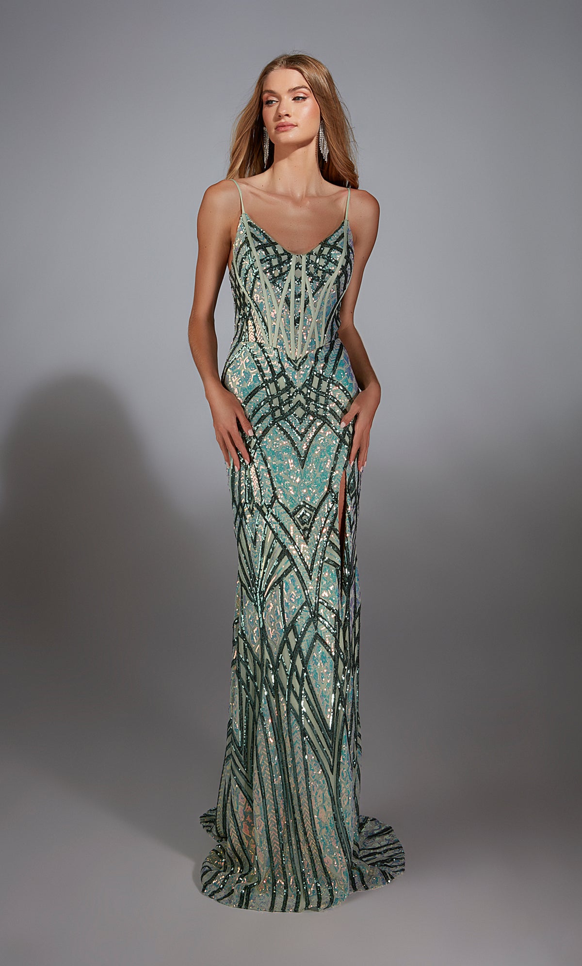 Formal Dress: 61920. Long, V-neck, Straight, Lace-up Back