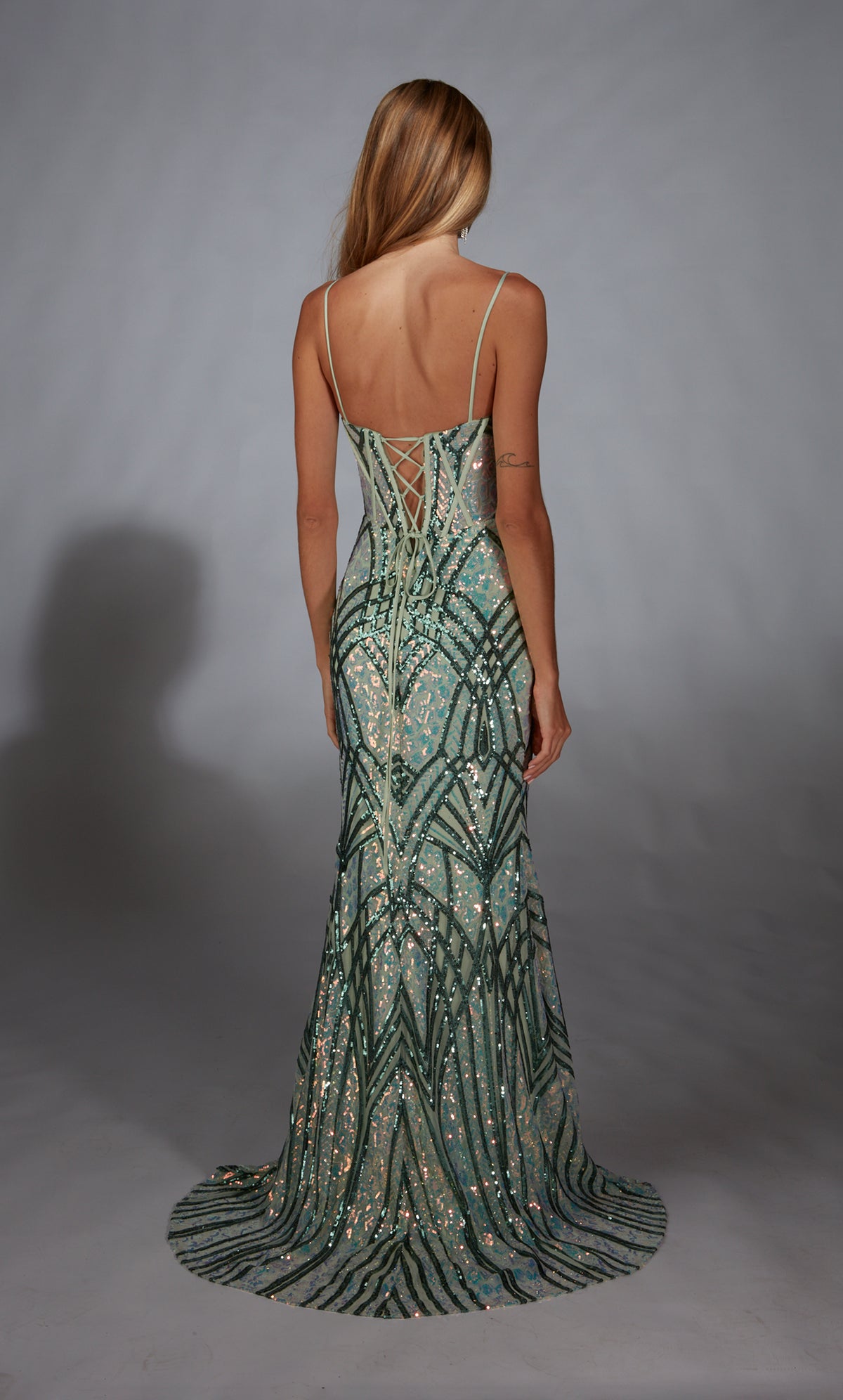 Formal Dress: 61920. Long, V-neck, Straight, Lace-up Back