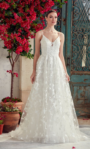 Wedding Dress: 7012. Long, V-Neck, Fit N Flare, V Shaped Back