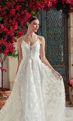 Wedding Dress: 7012. Long, V-Neck, Fit N Flare, V Shaped Back