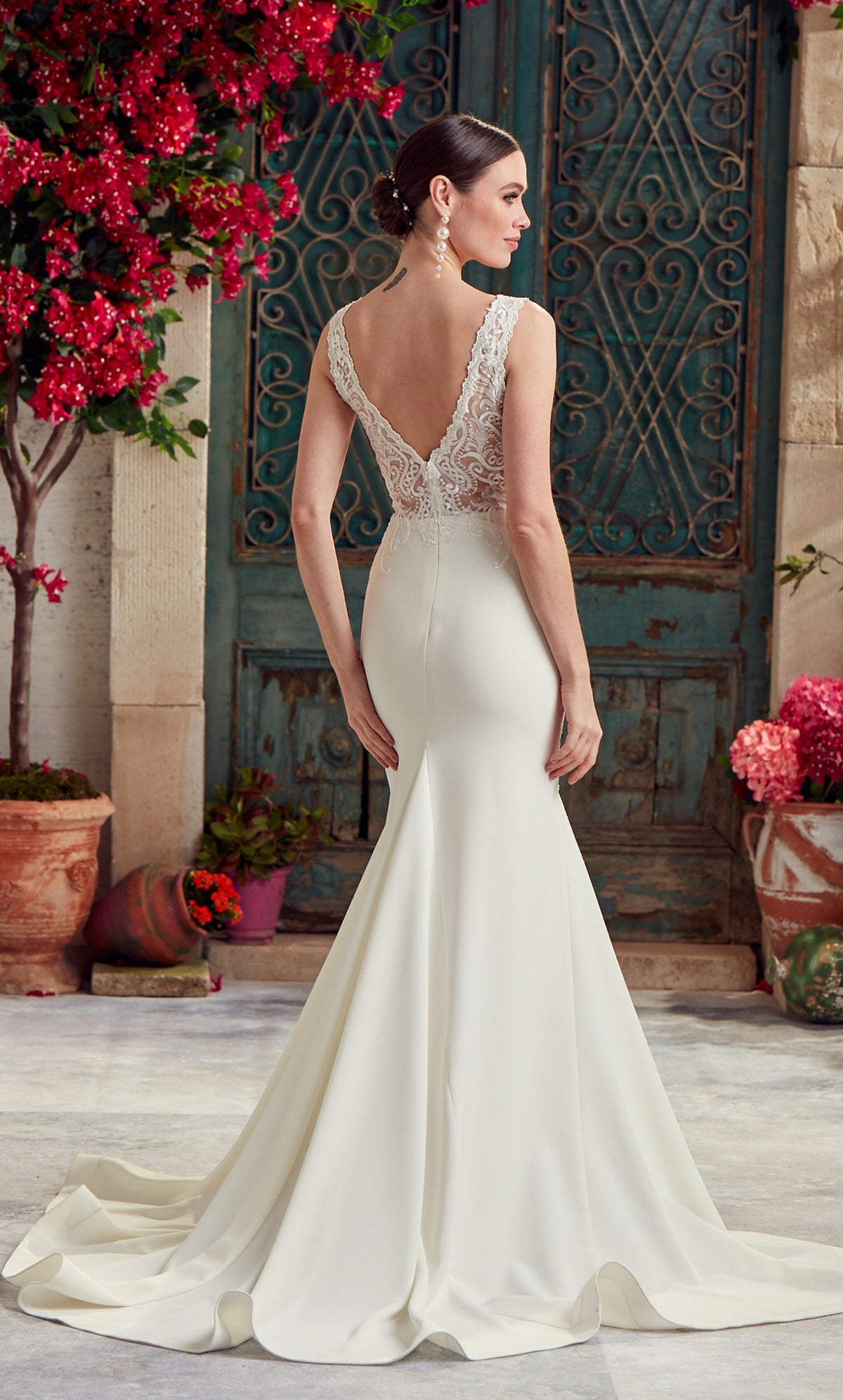 Wedding Dress: 7016. Long, Plunging Neckline, Fit and Flare