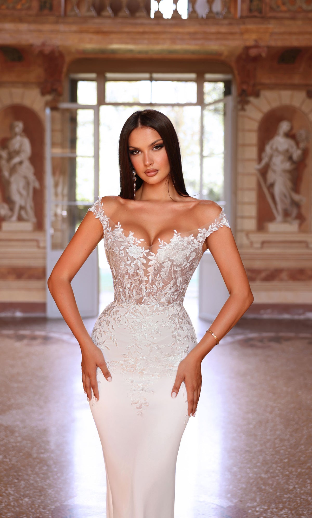 Formal Dress: 7026. Long Bridal Gown, Off The Shoulder, Fit N Flare