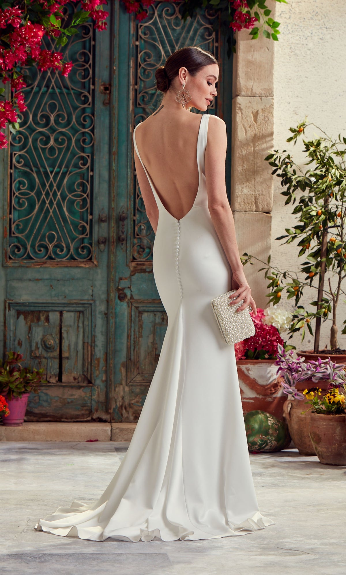 Wedding Dress: 7052. Long Satin Dress, Plunging Neckline, Fit N Flare