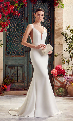 Wedding Dress: 7052. Long Satin Dress, Plunging Neckline, Fit N Flare