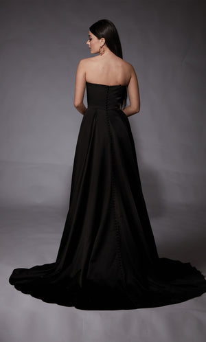 A-line satin bridal gown featuring a strapless, semi-sweetheart neckline, a pleated bodice, and high side slit in the color Black.