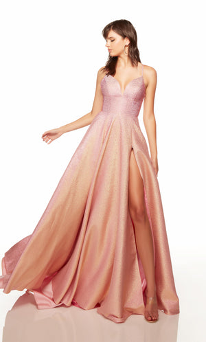 Sexy prom dress with a V neckline and adjustable zipper front slit in iridescent pink-gold.