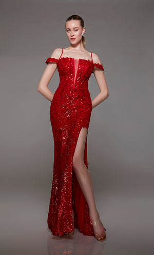 Fiery red prom dress: fitted, sparkly, daring slit, off-shoulder neckline, zip back, slight train. Perfect for an glamorous night out!