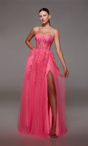 Pink prom dress: sheer corset bodice, full tulle skirt with front slit, lace-up back, and intricate floral lace appliques for an enchanting look.