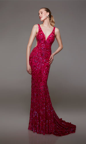 Chic formal gown with an plunging neckline and delicate sequin embellishments in captivating raspberry pink color.