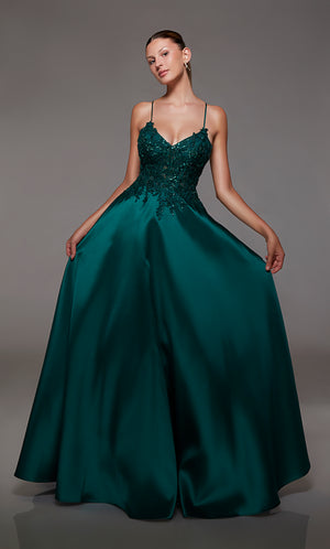 Pine corset ball gown: V-neckline, sheer floral lace bodice, full mikado skirt, lace-up back for an captivating and timeless look.