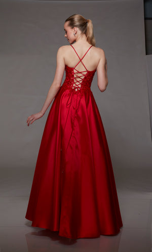 Red corset ball gown: V-neckline, sheer floral lace bodice, full mikado skirt, lace-up back for an captivating and timeless look.