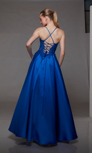 Royal blue corset ball gown: V-neckline, sheer floral lace bodice, full mikado skirt, lace-up back for an captivating and timeless look.