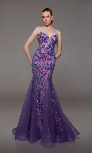 Purple-pink mermaid dress: Plunging neckline, sequin flowers, sheer side cutouts, and dual straps for an stunning and sophisticated look.