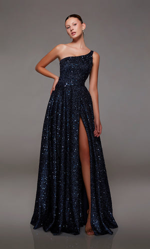 Elegant navy blue one-shoulder gown: High slit, zip-up back, and an slight train in sparkly iridescent sequin fabrication for an glamorous and sophisticated look.