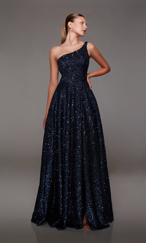 Elegant navy blue one-shoulder gown: High slit, zip-up back, and an slight train in sparkly iridescent sequin fabrication for an glamorous and sophisticated look.