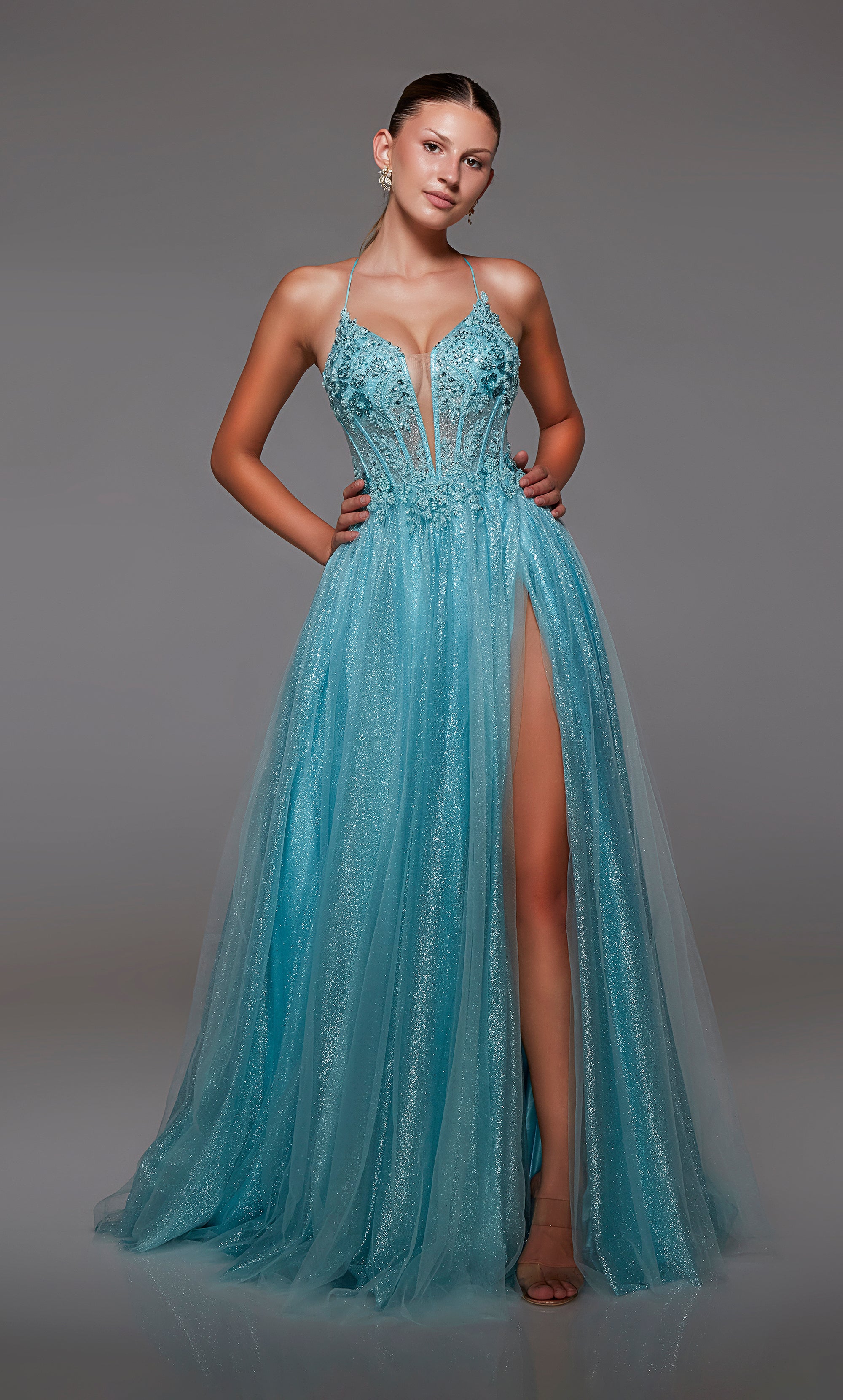 Aqua blue glitter tulle corset dress with sheer beaded lace bodice, high slit, lace-up back, and an touch of train for an dreamy and enchanting vibe.