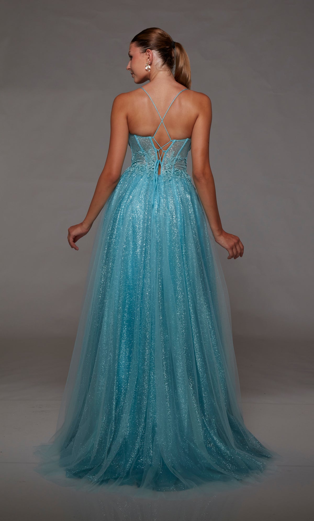 Aqua blue glitter tulle corset dress with sheer beaded lace bodice, high slit, lace-up back, and an touch of train for an dreamy and enchanting vibe.