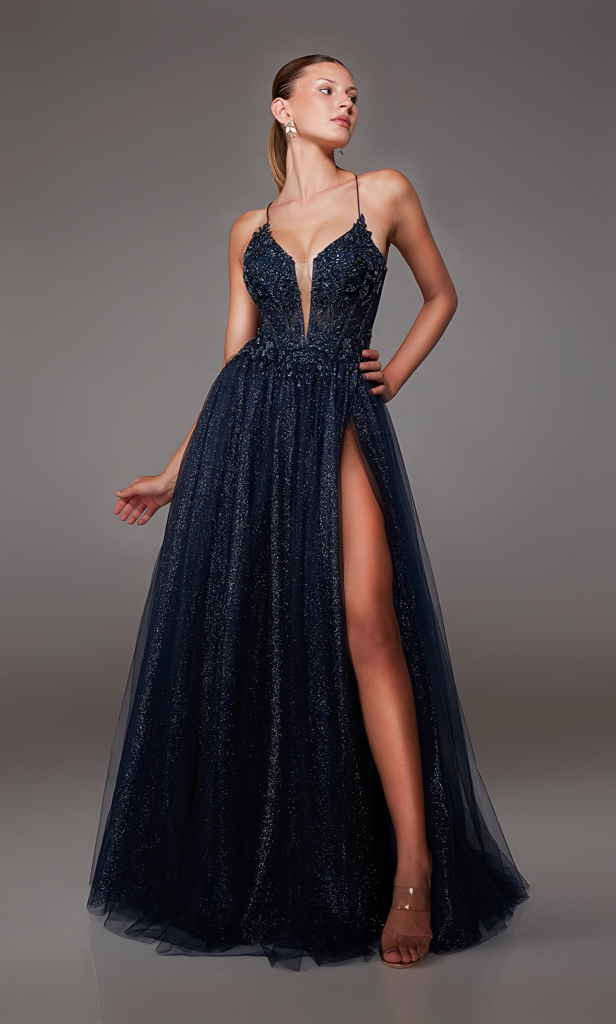 Midnight blue glitter tulle corset dress with sheer beaded lace bodice, high slit, lace-up back, and an touch of train for an dreamy and enchanting vibe.