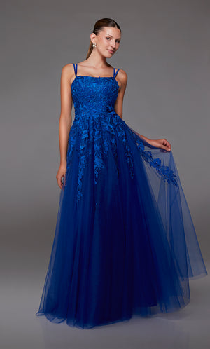 A-line silhouette, royal blue prom dress with an square neckline, dual straps, zip-up back, and delicate lace appliques for an touch of elegance.