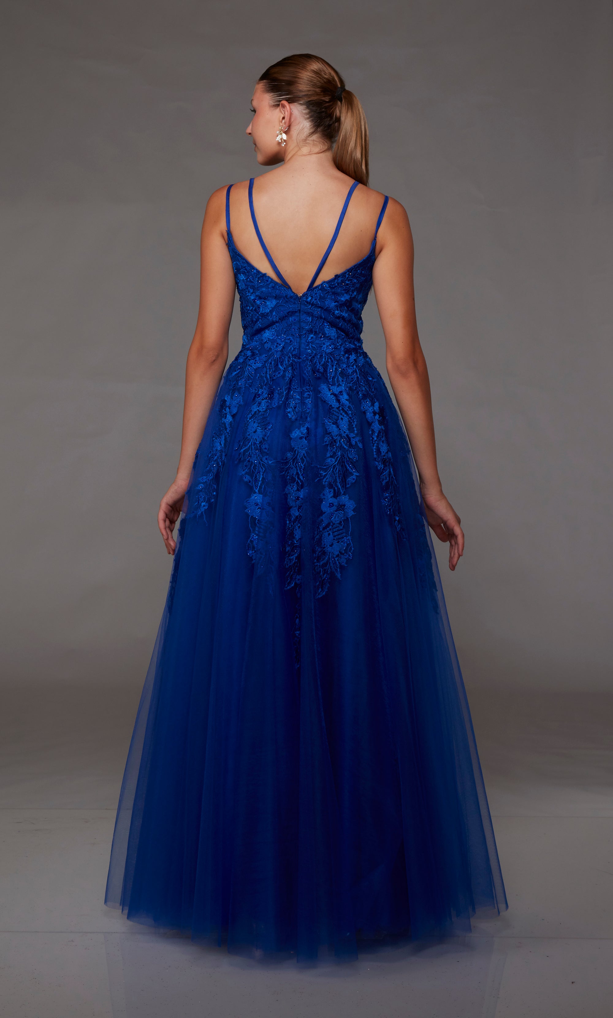 A-line silhouette, royal blue prom dress with an square neckline, dual straps, zip-up back, and delicate lace appliques for an touch of elegance.