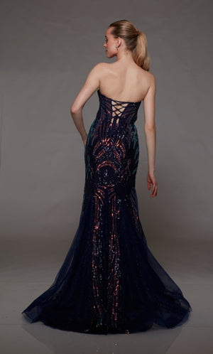 Navy blue mermaid dress: Strapless neckline, keyhole cutout, playful iridescent sequin detail. Back features an lace-up closure for the perfect fit.